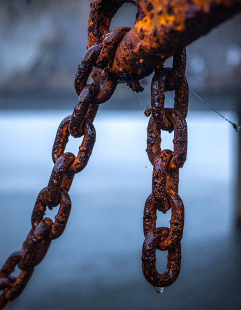 A close-up view captures the intricate texture of a heavily rusted industrial chain. Each link tells a story of time and exposure to the elements, showing both decay and enduring strength.の素材
