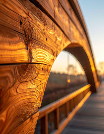 The last rays of the setting sun bathe a beautifully crafted wooden bridge in a warm, golden light.の素材