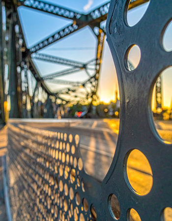 As the sun sets, its warm golden light filters through the intricate metalwork of a city bridge.の素材