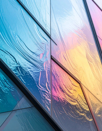 A close-up perspective captures the dynamic play of light through textured, iridescent glass panels.の素材