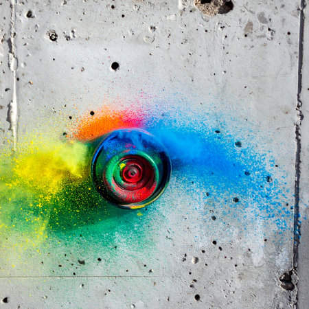 A powerful burst of vibrant, multi-colored powder explodes from a central point on a stark, industrial concrete wall.の素材