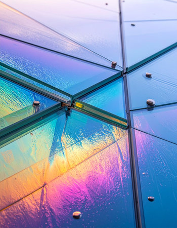 A close-up view of a futuristic building where geometric glass panels capture and refract light, creating a dazzling iridescent spectrum.の素材