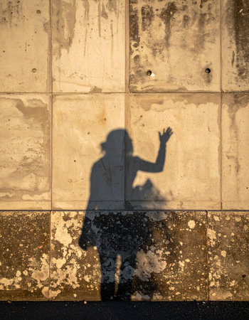 The silhouette of a person waves a friendly hello or a poignant goodbye, cast against a weathered and stained urban wall.の素材