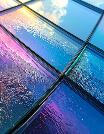 An angled, close-up view of textured glass panels captures a stunning play of light.の素材