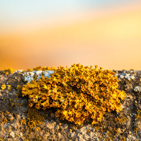 A detailed macro shot captures the intricate, vibrant orange structure of sunburst lichen growing on a weathered stone surface.の素材