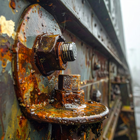 A detailed macro shot reveals the intense texture of heavy rust and corrosion on an industrial steel bolt.の素材