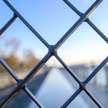 A close-up, selective focus shot on a metal chain-link fence.の素材