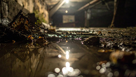 A low-angle perspective captures the gritty detail of a wet gravel floor inside a dark, abandoned mine.の素材