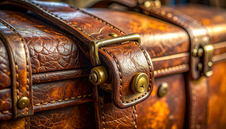 Locked and waiting, this antique leather trunk holds secrets from a bygone era.の素材