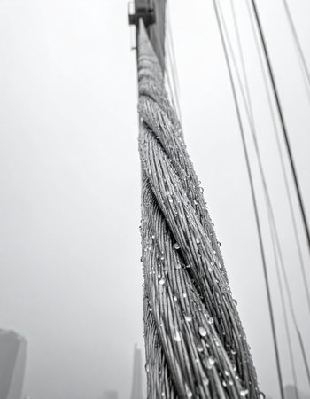 A detailed, low-angle view captures the immense strength of a suspension bridge's main steel cable.の素材