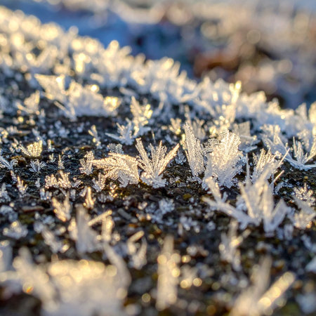 As the winter sun rises, its golden rays catch the edges of delicate ice crystals, transforming a cold, dark surface into a sparkling, magical landscape.の素材