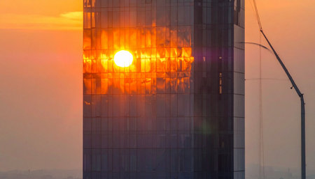 The fiery glow of a setting sun is captured in the reflective glass facade of a modern skyscraper.の素材