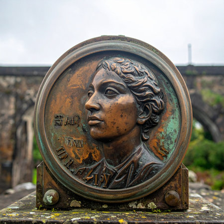 A weathered bronze relief plaque captures a woman's timeless profile.の素材