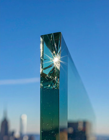 A brilliant sunburst glints off the sharp edge of a modern glass panel, reflecting a clear blue sky.の素材