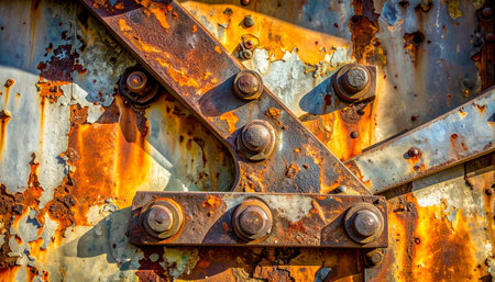 A close-up detail shot captures the intricate texture and vibrant colors of decay on a heavy-duty industrial steel structure.の素材