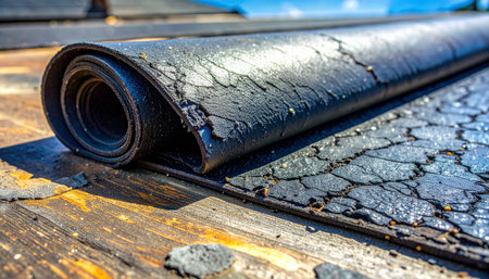 A close-up view of a weathered roll of bitumen roofing felt, its surface deeply cracked and aged by years of exposure to the elements.の素材