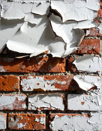 Layers of time are revealed as brittle white paint curls and flakes away from a weathered red brick wall.の素材