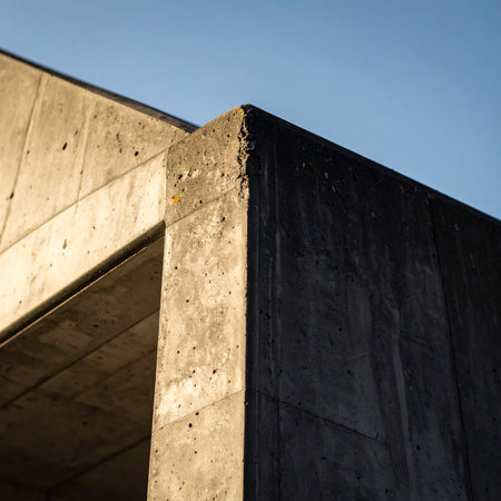A low-angle view captures the powerful intersection of lines and planes on a modern brutalist building.の素材