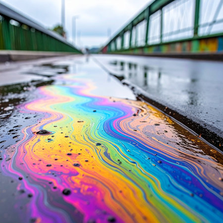 A low-angle, close-up view captures the hypnotic beauty of an oil slick on wet city pavement.の素材