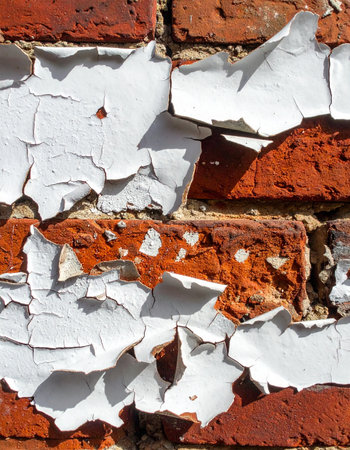 A close-up view captures the relentless effect of time on an urban facade. Layers of brittle white paint curl and flake away, revealing the rich, red texture of the old brick wall beneath.の素材