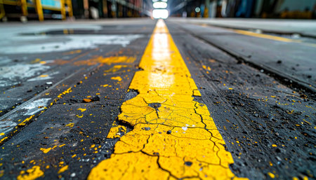 A low-angle perspective follows a cracked and weathered yellow line across the gritty floor of an empty warehouse.の素材