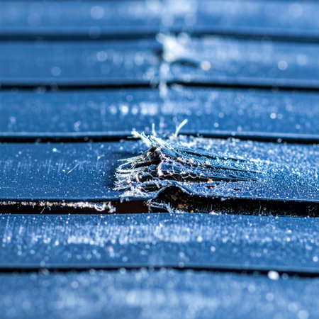 A macro view captures the intense detail of a blue strap under duress. Frayed fibers burst forth from a central point of stress, telling a story of time, wear, and the beauty found in imperfection.の素材