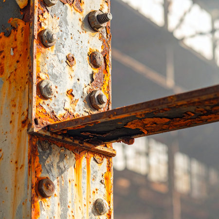 A detailed close-up captures the textured surface of a heavily corroded steel beam, held fast by weathered bolts.の素材