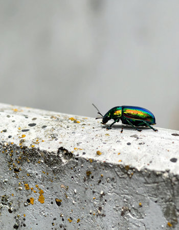 A tiny, jewel-toned beetle with a shimmering, iridescent shell makes its way across a rough concrete surface.の素材