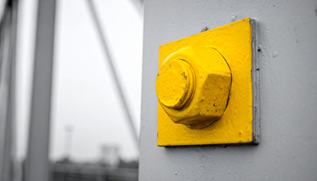 A close-up of a large yellow industrial push button, standing out with selective color against a blurred, monochrome background.の素材