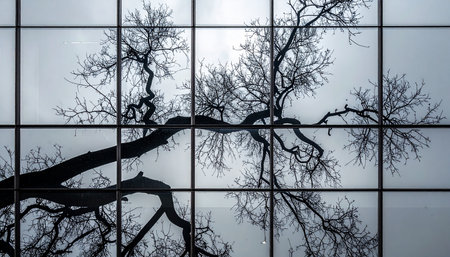 A gnarled, bare tree branch creates a stark, beautiful silhouette against a pale sky, viewed through the structured grid of a window.の素材