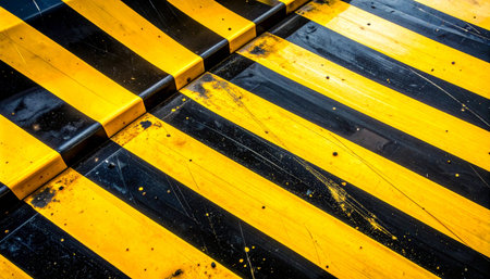 Weathered by time and heavy use, these bold yellow and black hazard stripes mark a path of caution.の素材