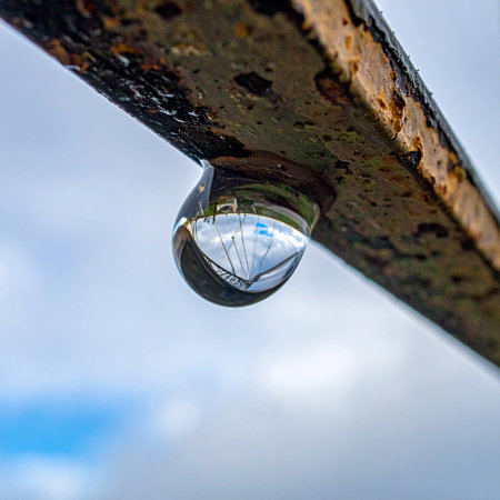 A single, perfect droplet of water clings to a weathered, rusty metal bar, defying gravity.の素材