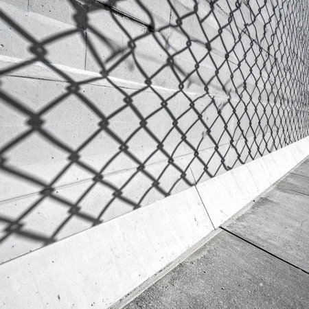 In the stark light of the city, the shadow of a chain-link fence creates a striking geometric pattern across a concrete wall.の素材