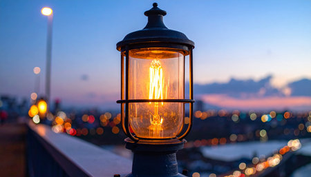 As twilight settles over the bustling city, a vintage lantern casts a warm, inviting glow.の素材