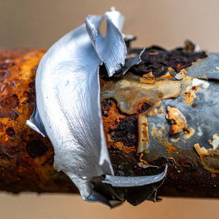 A close-up reveals the intricate textures of time and neglect. Silver paint curls away from a heavily rusted pipe, exposing the deep orange corrosion beneath.の素材