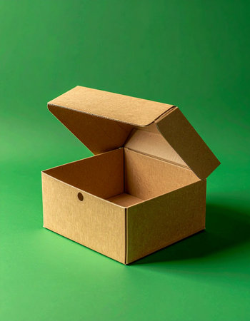 An open, empty cardboard box sits against a vibrant green background, symbolizing new beginnings and untapped potential.の素材