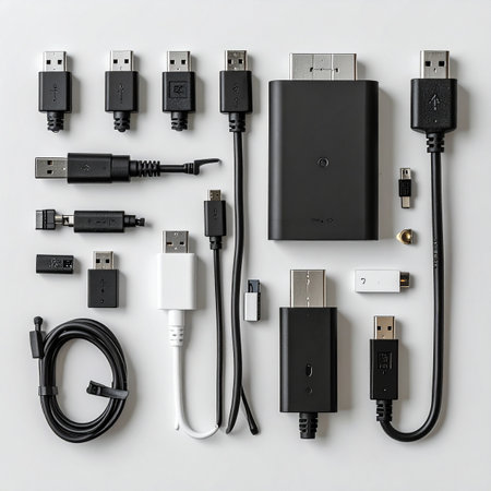 A meticulously organized collection of essential tech cables and adapters laid out in a clean flat lay.の素材