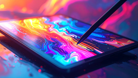 In a dimly lit space, a digital artist's vision comes to life on a glowing tablet screen.の素材