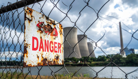 A weathered and rusty 'Danger' sign hangs on a chain-link fence, a stark warning against the backdrop of a massive nuclear power plant.の素材
