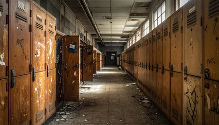 Light streams through grimy windows, illuminating a long, forgotten school hallway.の素材