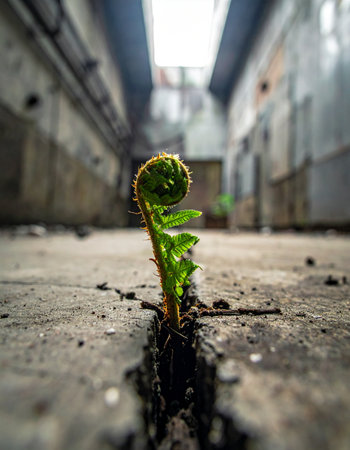 In the quiet solitude of a forgotten industrial hallway, a single, determined fern sprout emerges from a crack in the concrete floor.の素材
