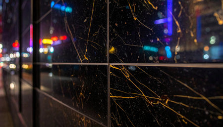 The polished black marble facade of a downtown building captures the vibrant energy of the city at night.の素材