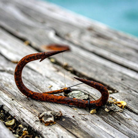 A close-up of a large, corroded fish hook rests on the weathered gray planks of an old pier.の素材