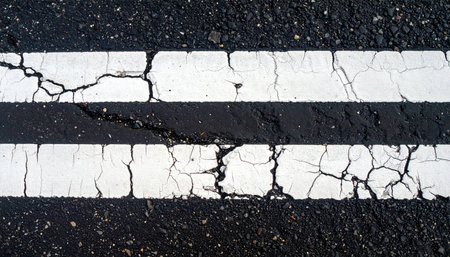 A top-down, detailed view of a weathered asphalt surface.の素材