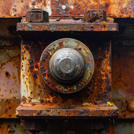 A close-up view captures the intricate texture of time's passage on a heavy industrial bolt.の素材