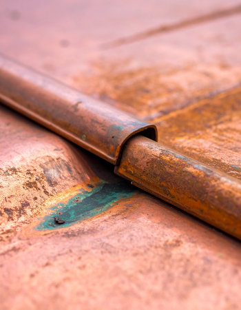 A macro shot captures the intricate detail of a standing seam on a copper roof.の素材