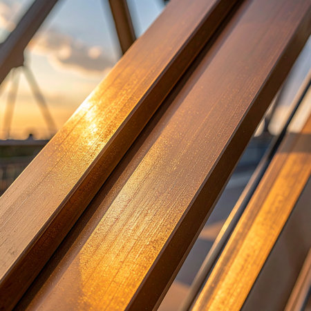 Warm, golden light from the setting sun washes over the smooth, parallel lines of modern wooden beams.の素材