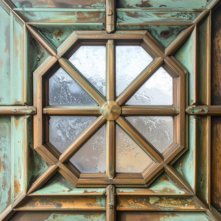 A close-up view of an ornate, antique bronze window, showcasing a beautiful green verdigris patina that tells a story of time and endurance.の素材