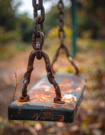 A close-up view captures the deep rust and decay of an old swing, forgotten in a quiet park.の素材