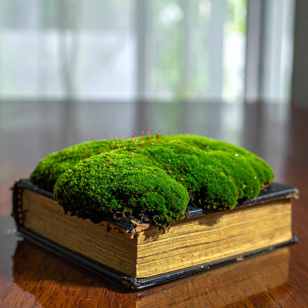 An old, weathered book rests on a wooden table, its forgotten stories giving way to a new one.の素材